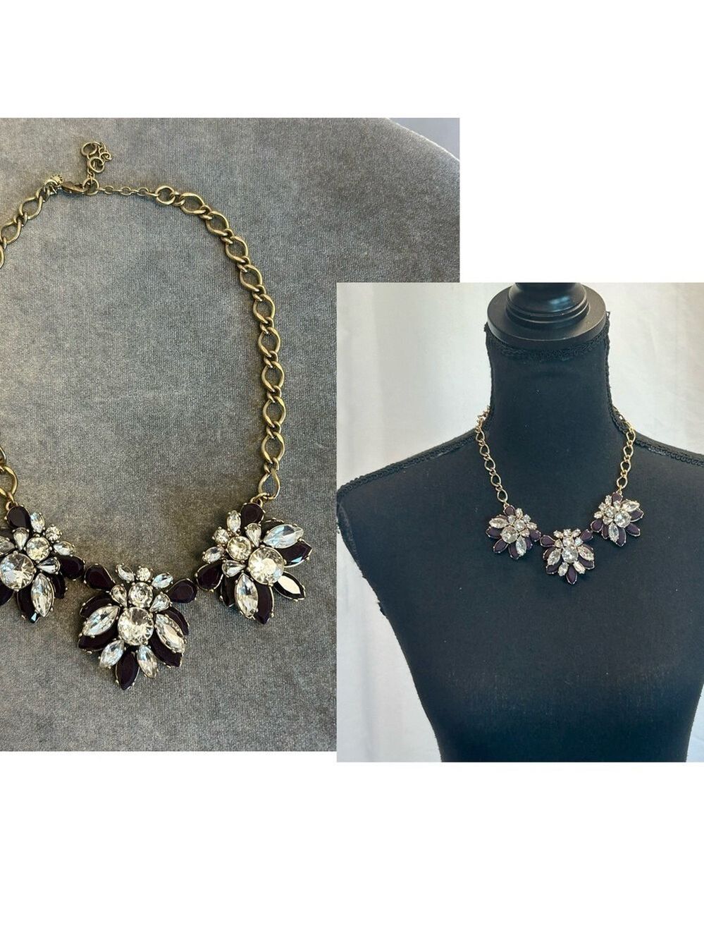 J. Crew plum purple clear Crystal gem jewelled flower statement necklace